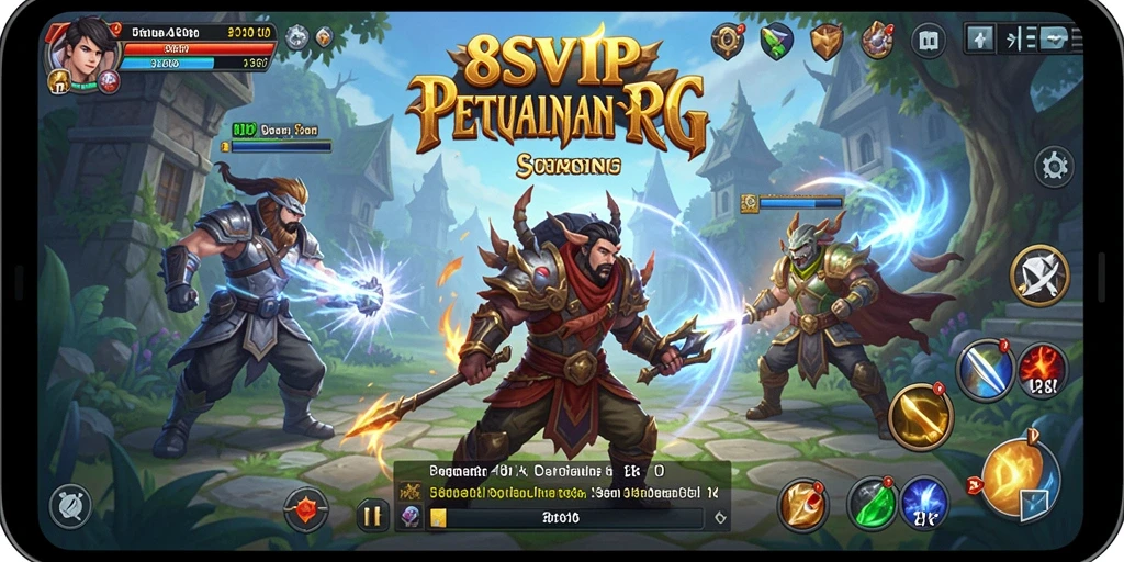 Screenshot utama 8SVIP menunjukkan karakter utama dalam pertempuran seru.
