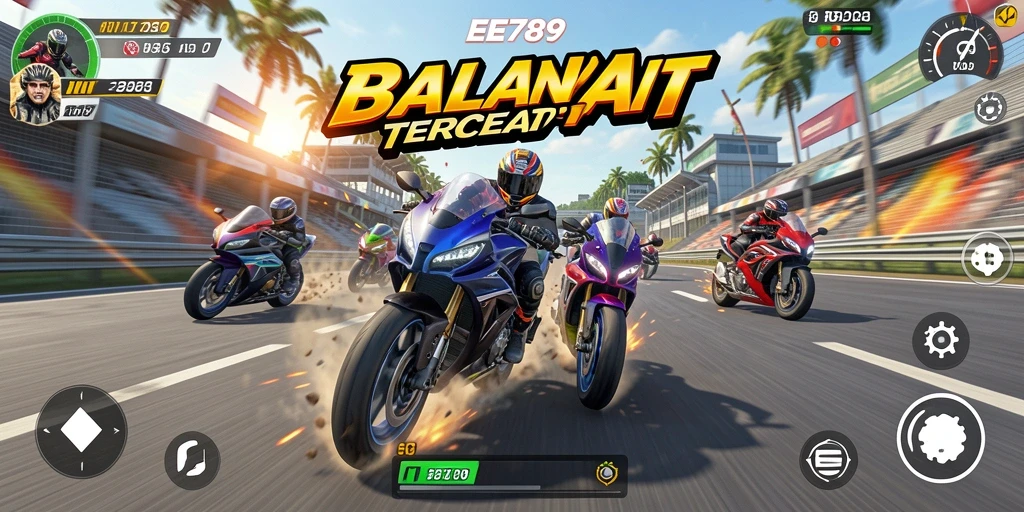 Tampilan gameplay menegangkan dari EE789 yang penuh aksi balapan motor.