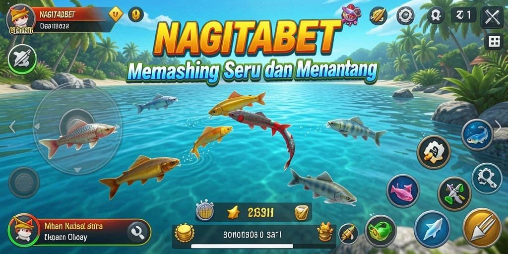Tampilan gameplay NAGITABET saat menangkap ikan di perairan yang indah.