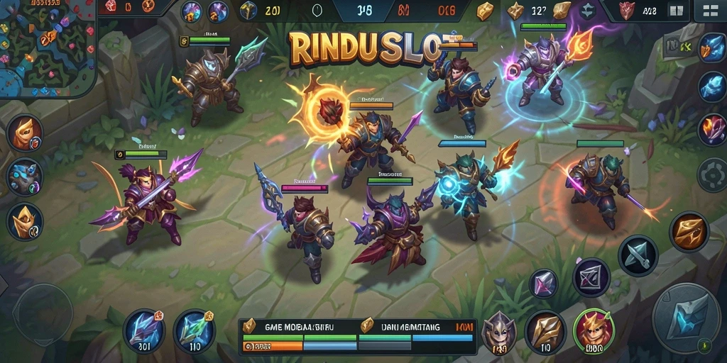 Screenshot menunjukkan aksi seru di pertandingan MOBA RINDUSLOT.