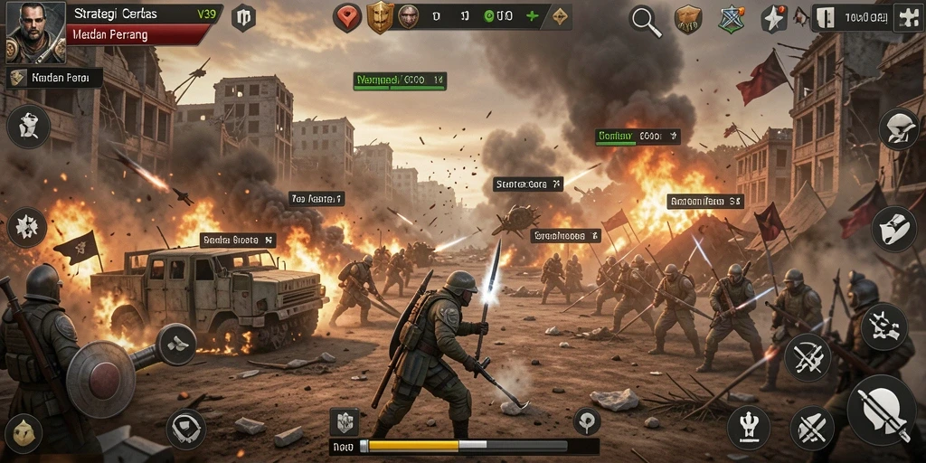 Tangkapan layar gameplay V39 menunjukkan aksi strategi yang intens.